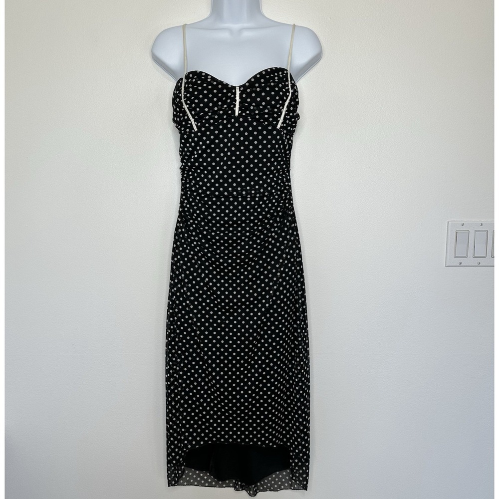 Vtg Y2K Polka Dot Midi Dress Size L Trixxi Black White Hi Lo‎ hem Fairy